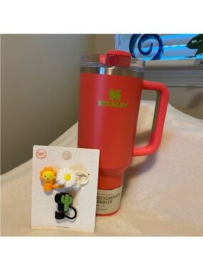 Stanley NWT Coral Red Tumbler with Lime Logo and Handle with Free straw toppers